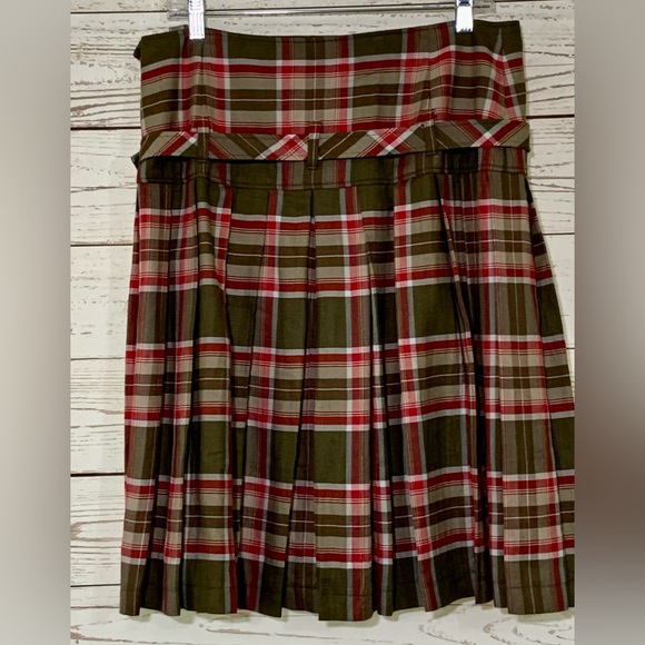 Escada Plaid Tartan Pleated Double Buckle MIDI Skirt Olive Green Red - Picture 8 of 16